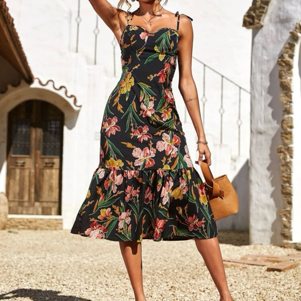 Midi maxi Hawaii vacation small flower dress  high thigh cut tropical